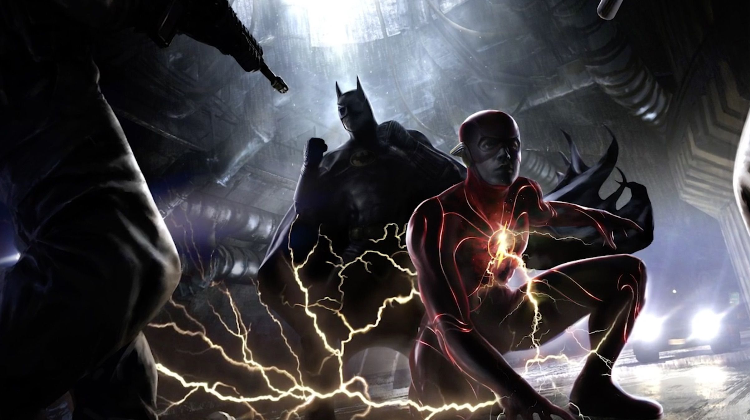 Batman silhouette and The Flash kneels in front of him
