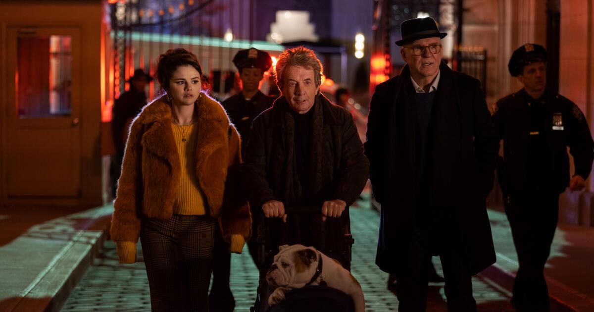 Steve Martin, Martin Short and Selena Gomez walk a dog in Only Murders in the Building