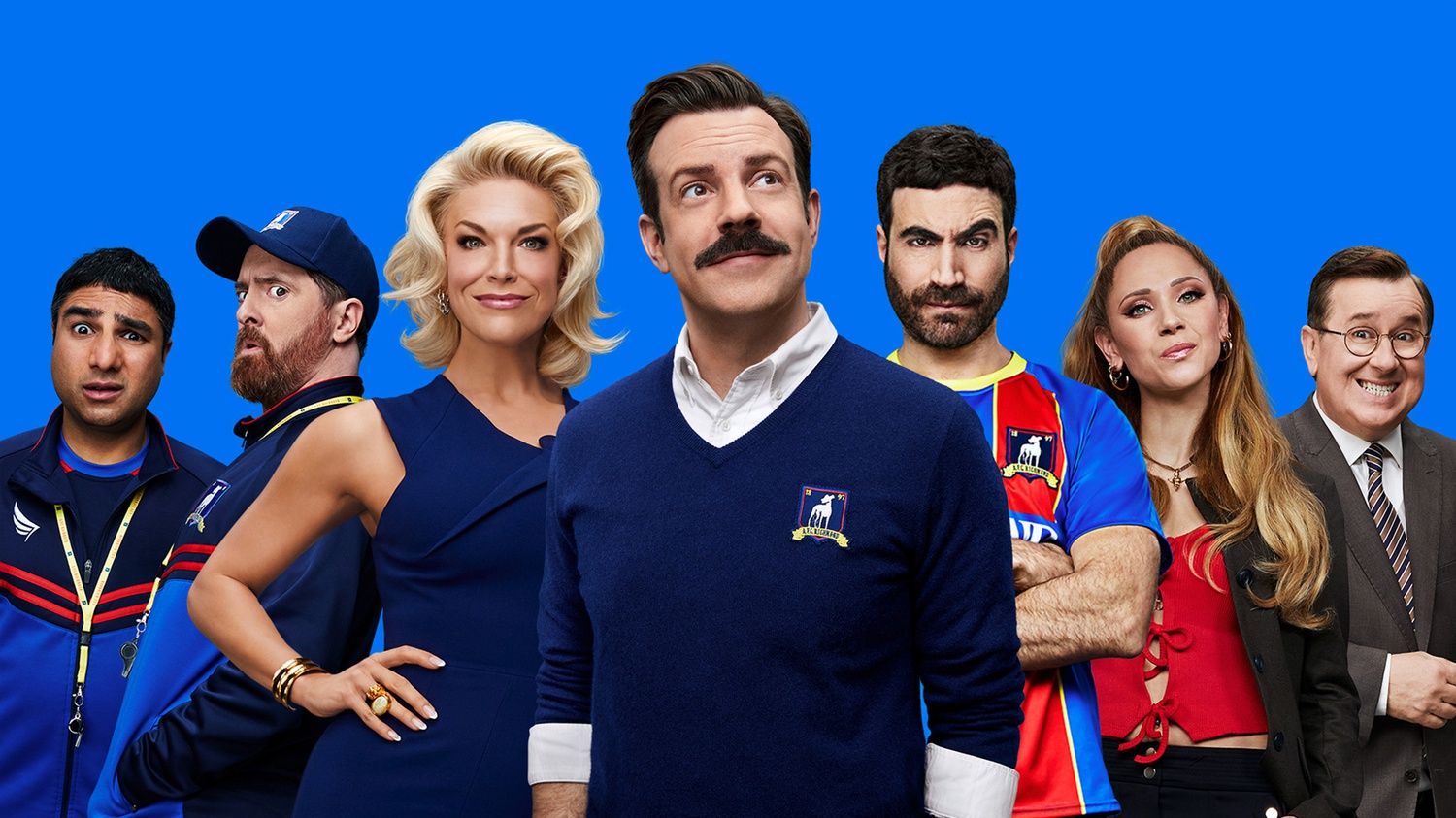 Jason Sudeikis and the full cast of Ted Lasso poses for the camera