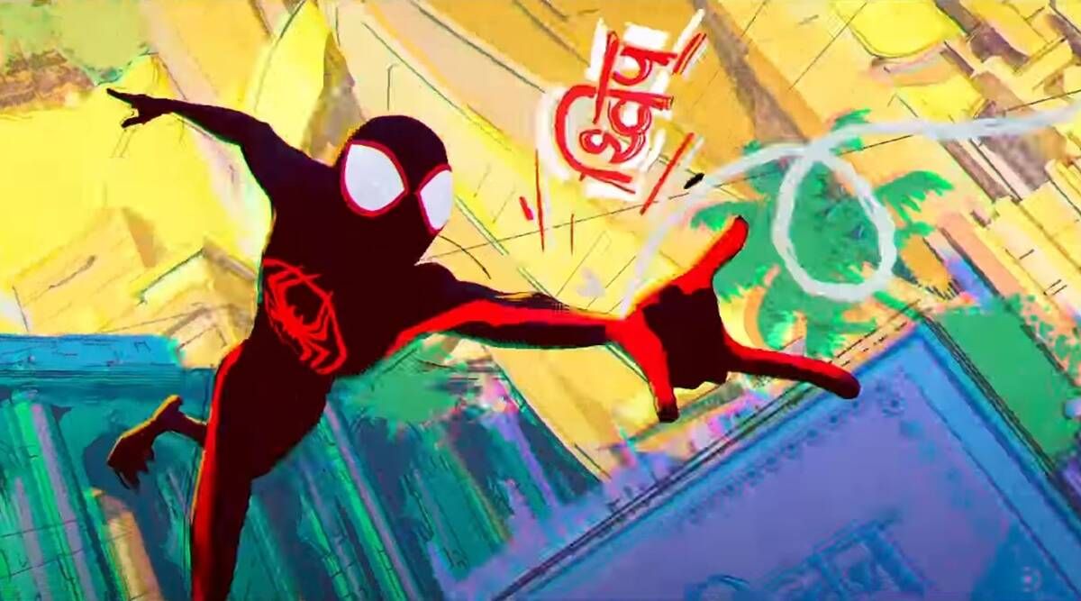 Spider-man has hand outstretched while words in Hindi are behind him