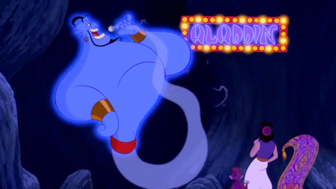 The genie talks to Aladdin in the Cave of Wonders in the original