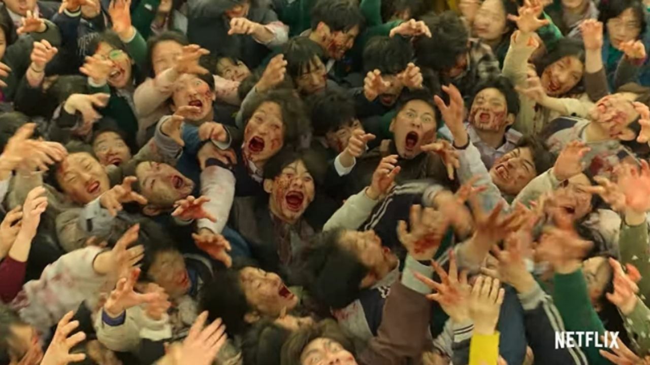 An overhead shot of a crowd of zombies in All of Us Are Dead