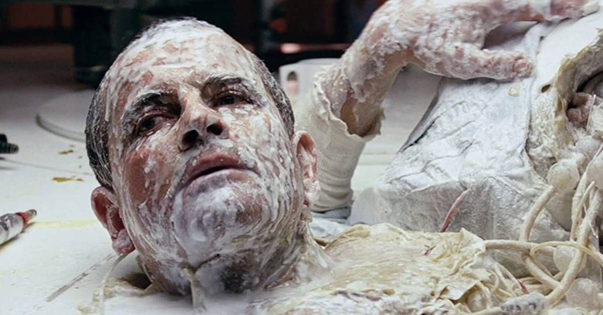 Ian Holm, in character as an android, lies nearly destroyed during a scene from "Alien" (1979).