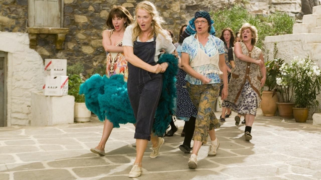 Meryl Streep leads the cast in a dance routine in Mamma Mia!