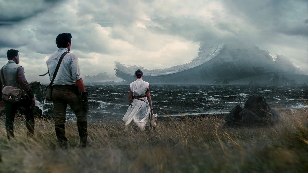 The cast looks distantly away in Rise of Skywalker