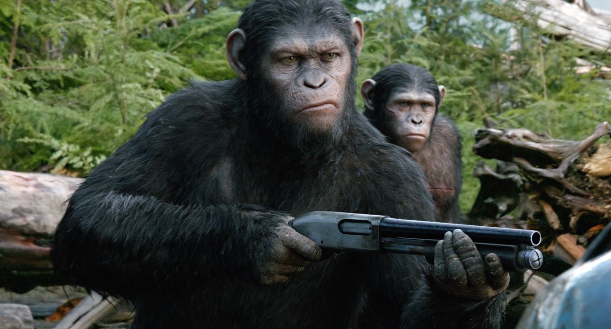 A cgi monkey with a shotgun.