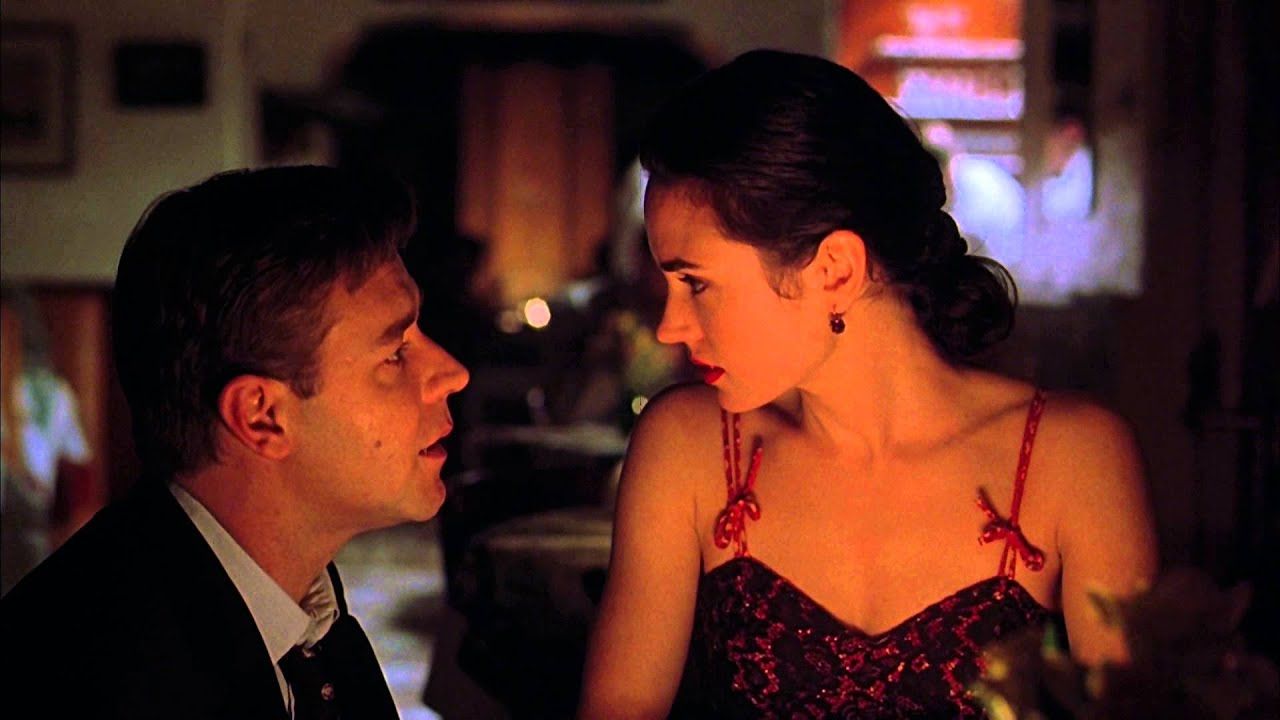 Russell Crowe and Jennifer Connelly have a conversation in A Beautiful Mind.