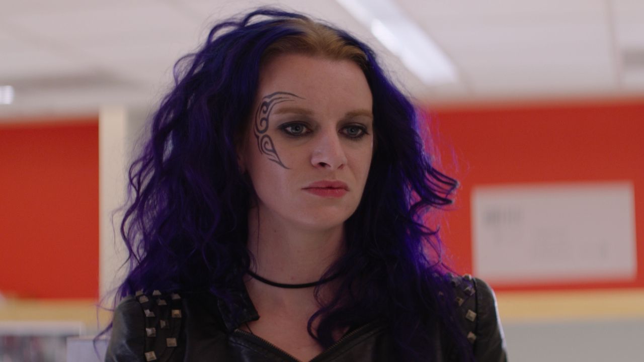 Naomi McDougall Jones as Sarah with blue hair in Bite Me