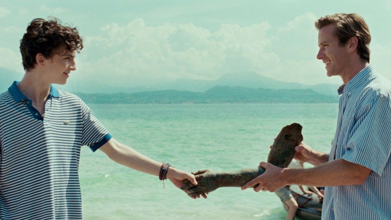 Timothee Chalamet and Armie Hammer shaking hands with a statue in Call Me By Your Name. 
