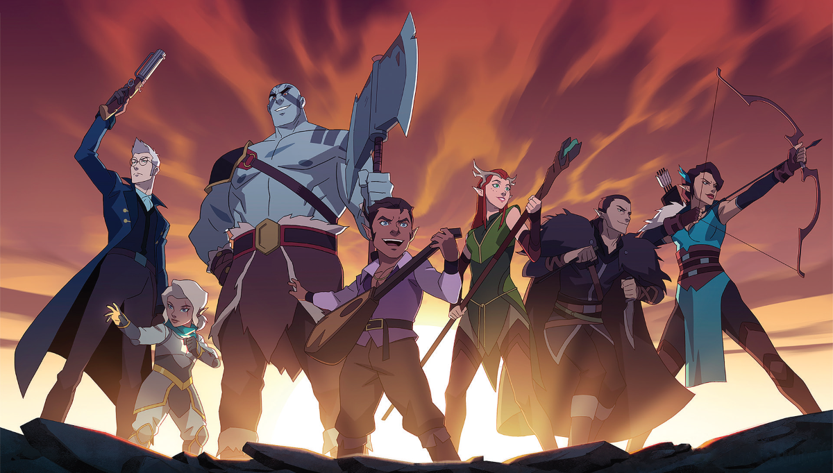 The animated members of Vox Machina posing heroically as light shines from under their feet.