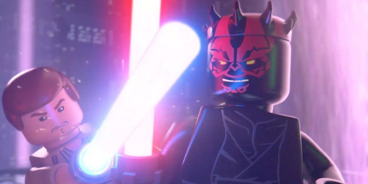 LEGO Obi-Wan Kenobi and LEGO Darth Maul duel with lightsabers
