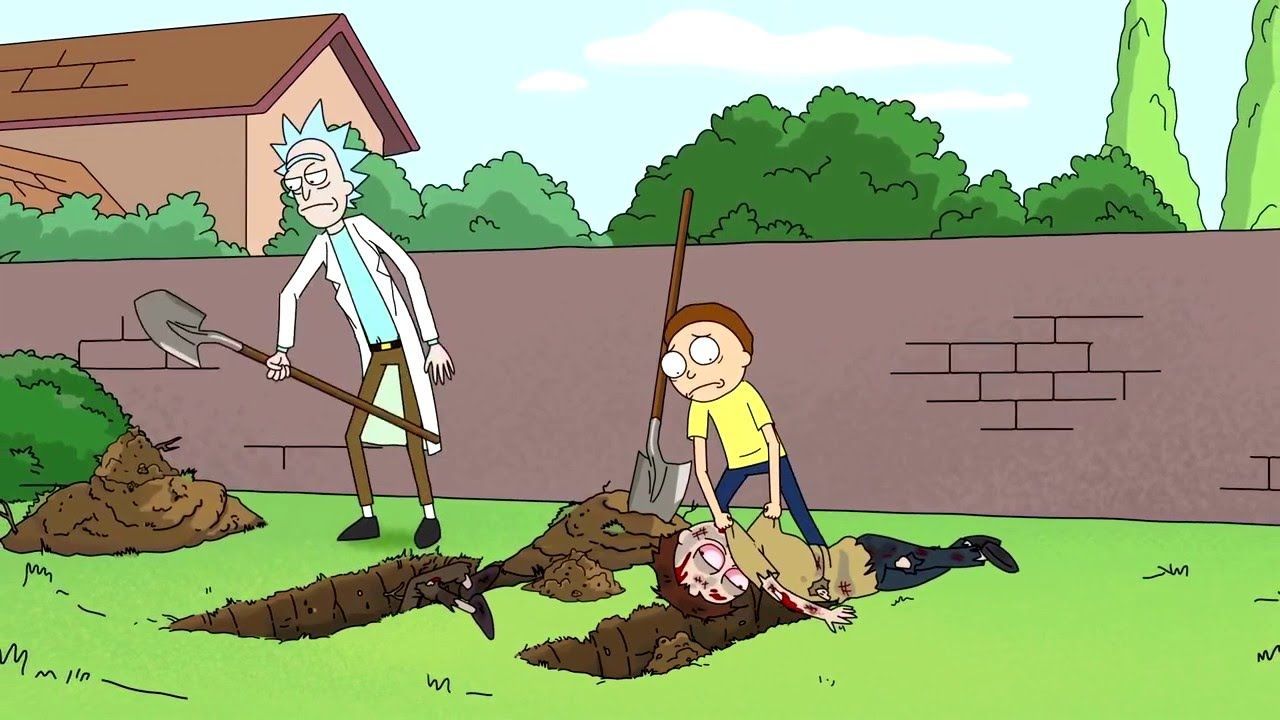 Rick and Morty digging graves in Rixty Minutes