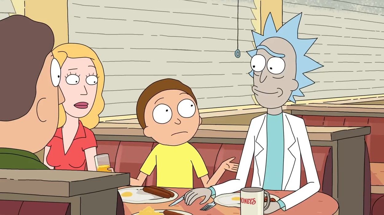 Rick and Morty at a diner with the Sanchez family