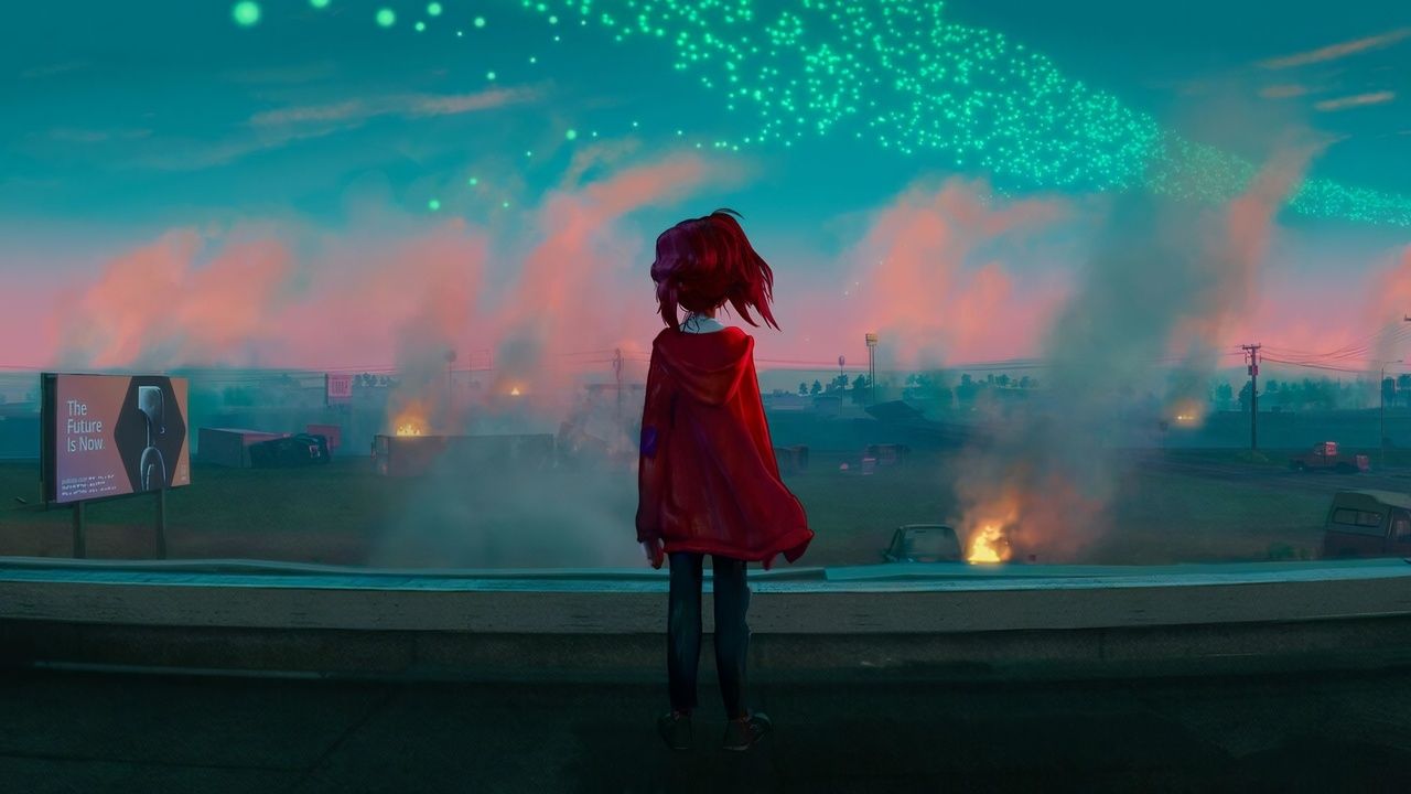 A girl in red stands and looks out at the city in The Mitchells vs. the Machines