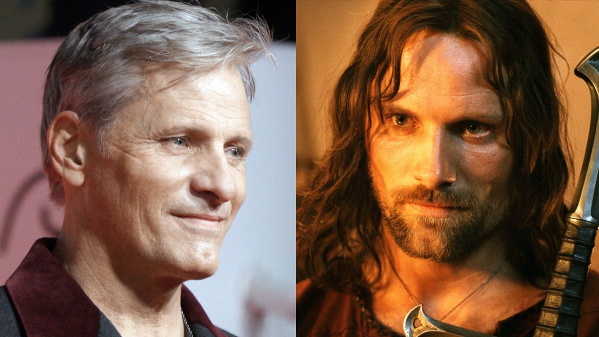 Viggo Mortensen at the Gent Film Festival in 2020 side by side with his portrayal of Aragorn in Lord of The Rings.