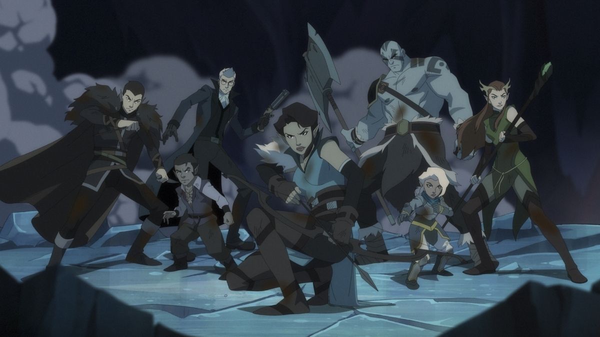 The animated members of Vox Machina all posed to prepare for a fight.