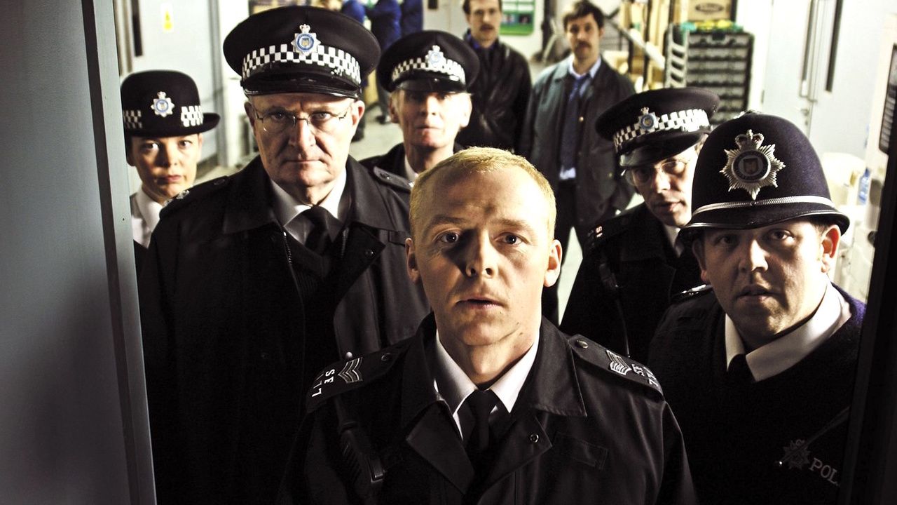 SImon Pegg, Nick Frost and the rest of the police team in Hot Fuzz.