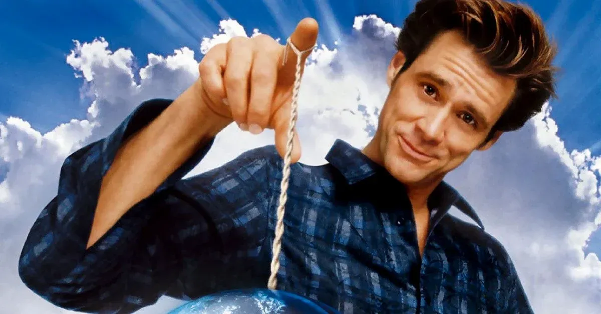 Jim Carrey dangles the world on a string in Bruce Almighty
