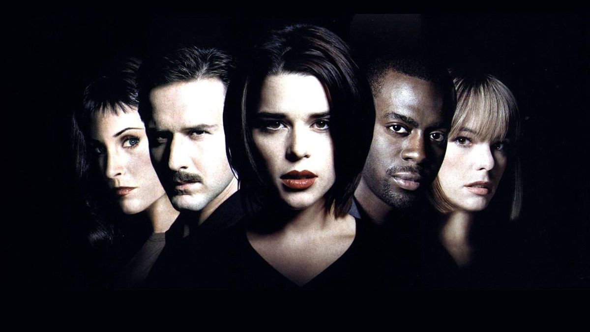 The chic cast of Scream 3 lines up in a row and stares at the camera