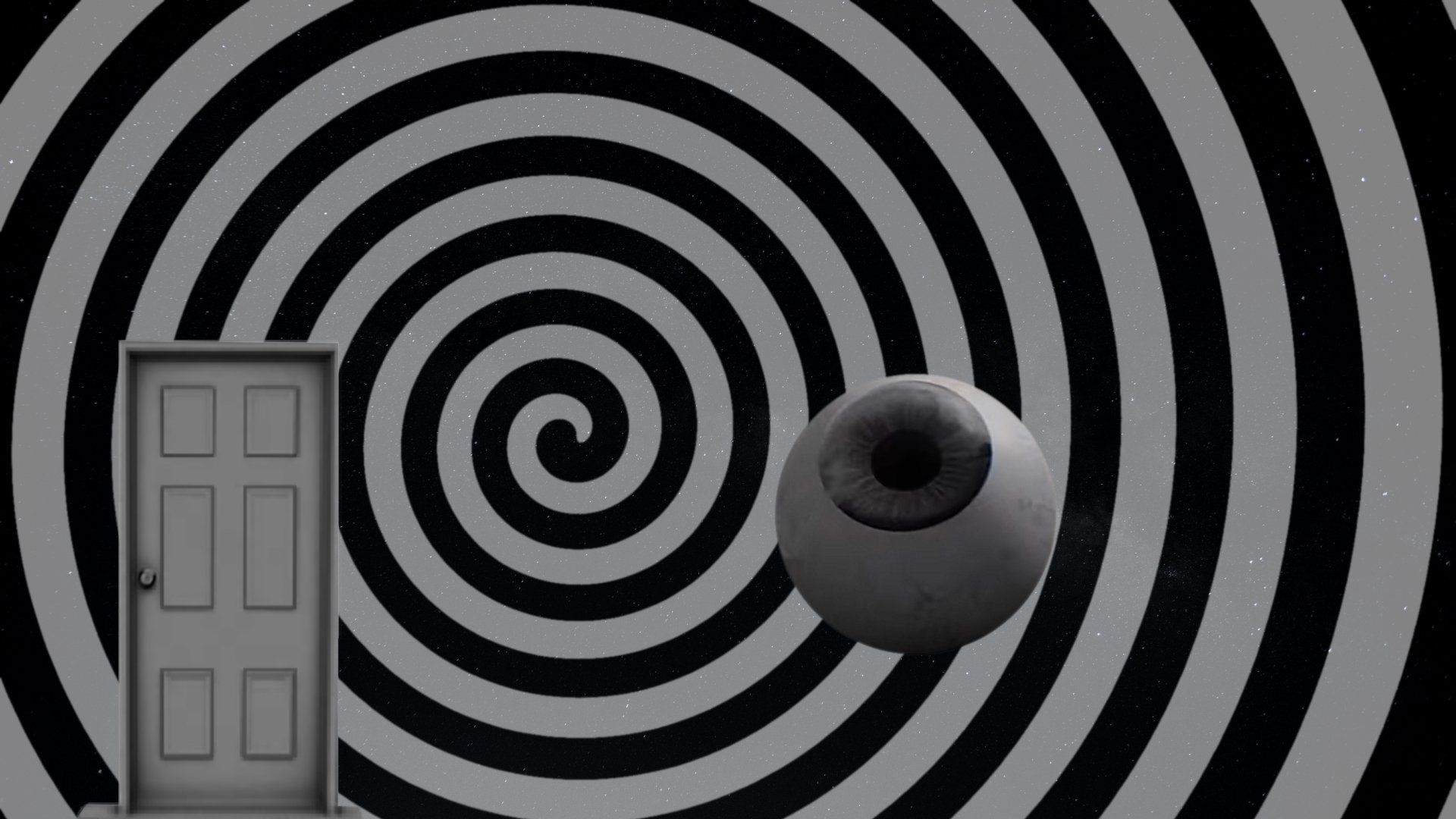 Door and eyeball are sucked into a black and white swirl.