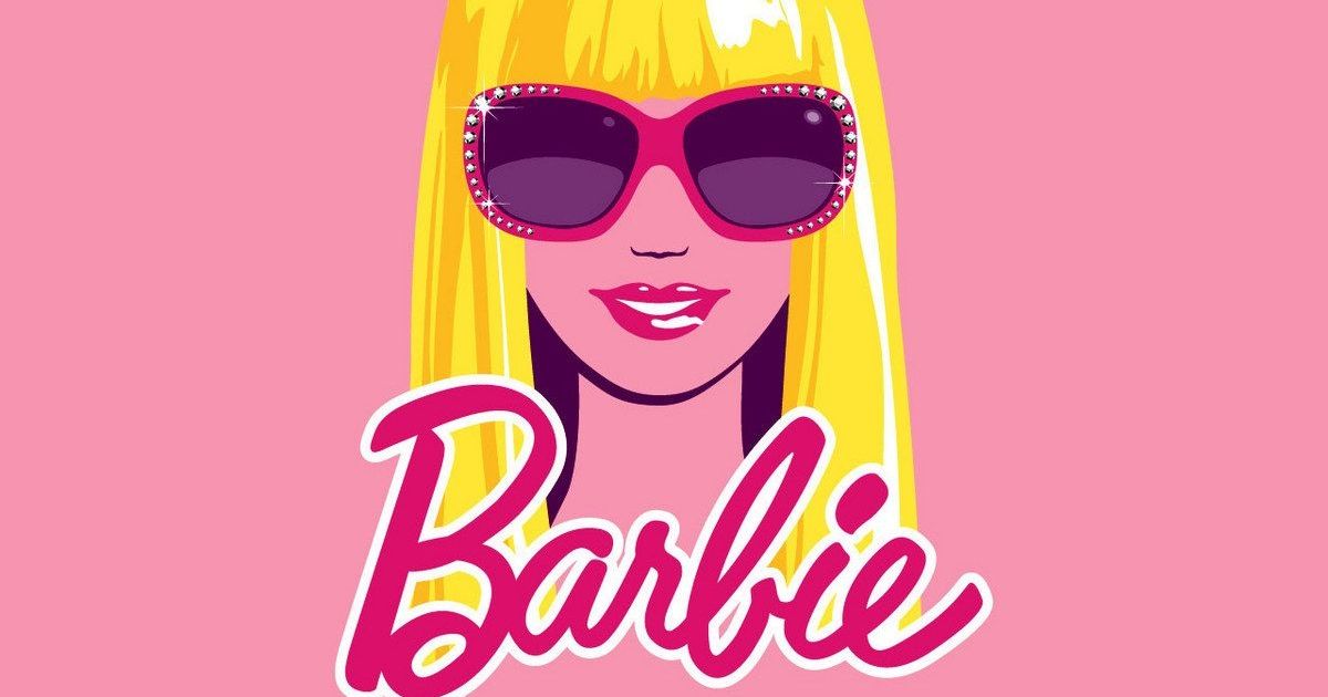 The Barbie logo with the titular doll wearing sunglasses and a creepy smile