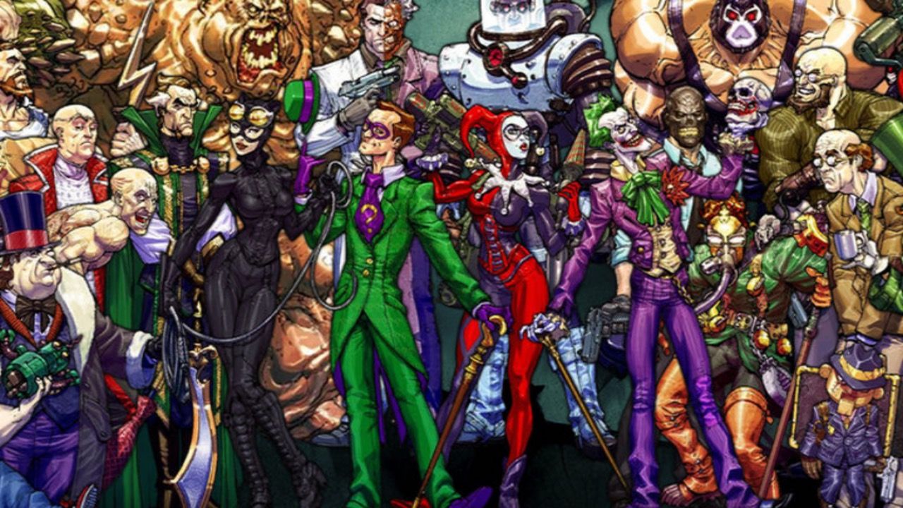 Vilões do Batman, todos lotando o quadro, incluindo The Riddler, Harley Quinn e The Joker