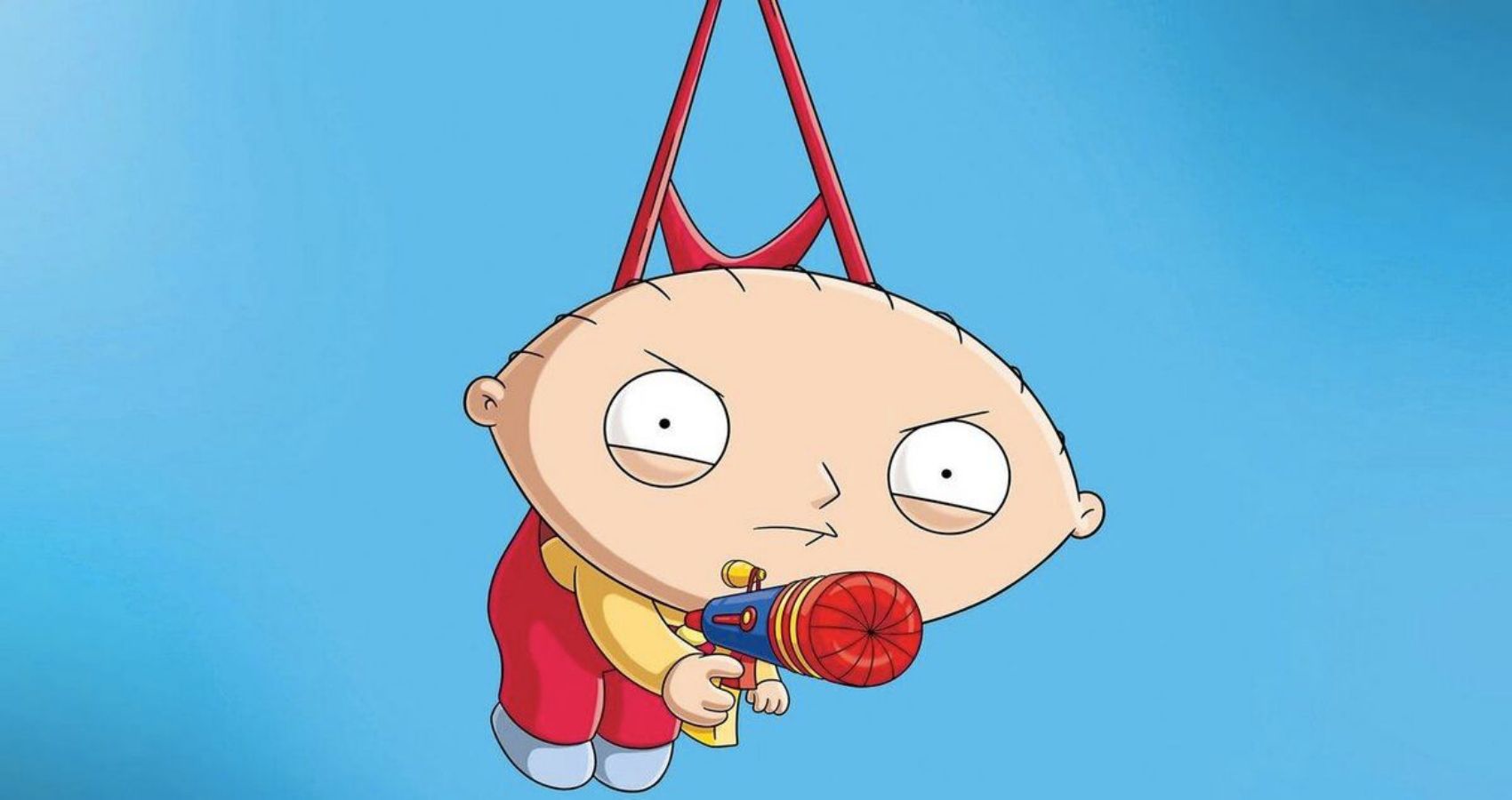 Stewie hangs from something and points a gun