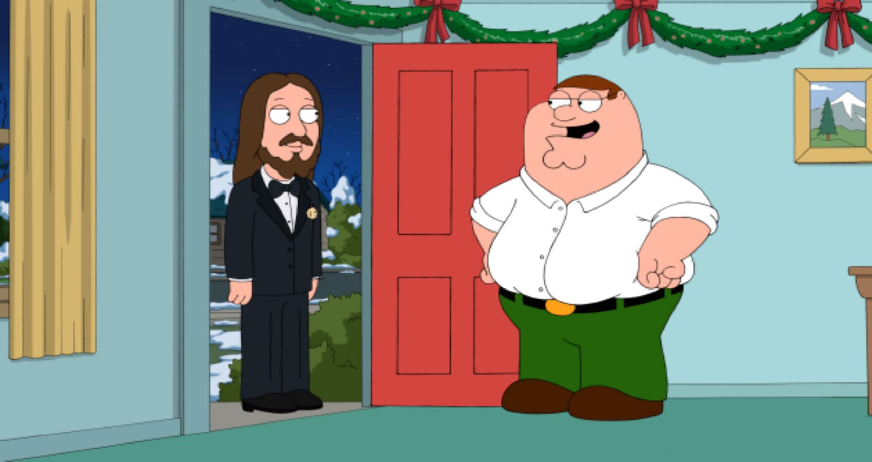 Jesus in a tux at the door in Family Guy