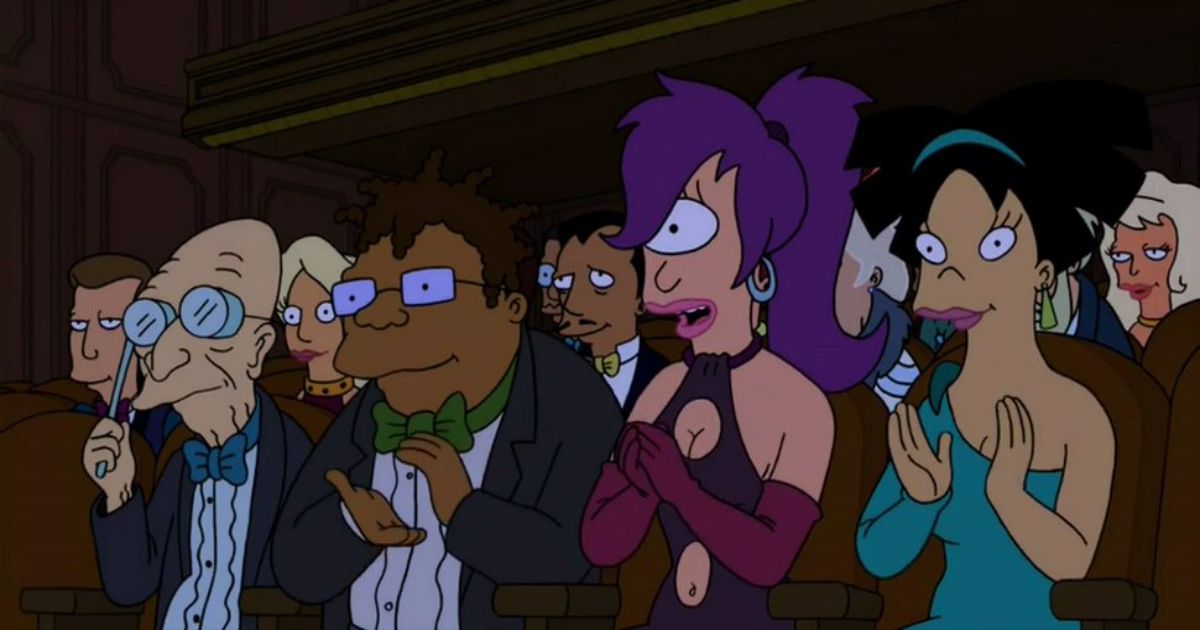 Futurama cast is nicely dressed and applauds at the opera