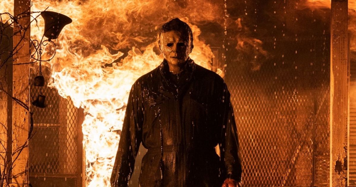 Michael Myers walks away from a burning house in Halloween Kills