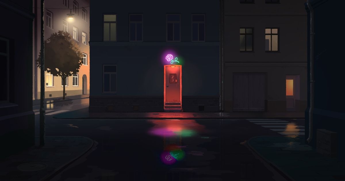 A red door in a dark alley in Flee