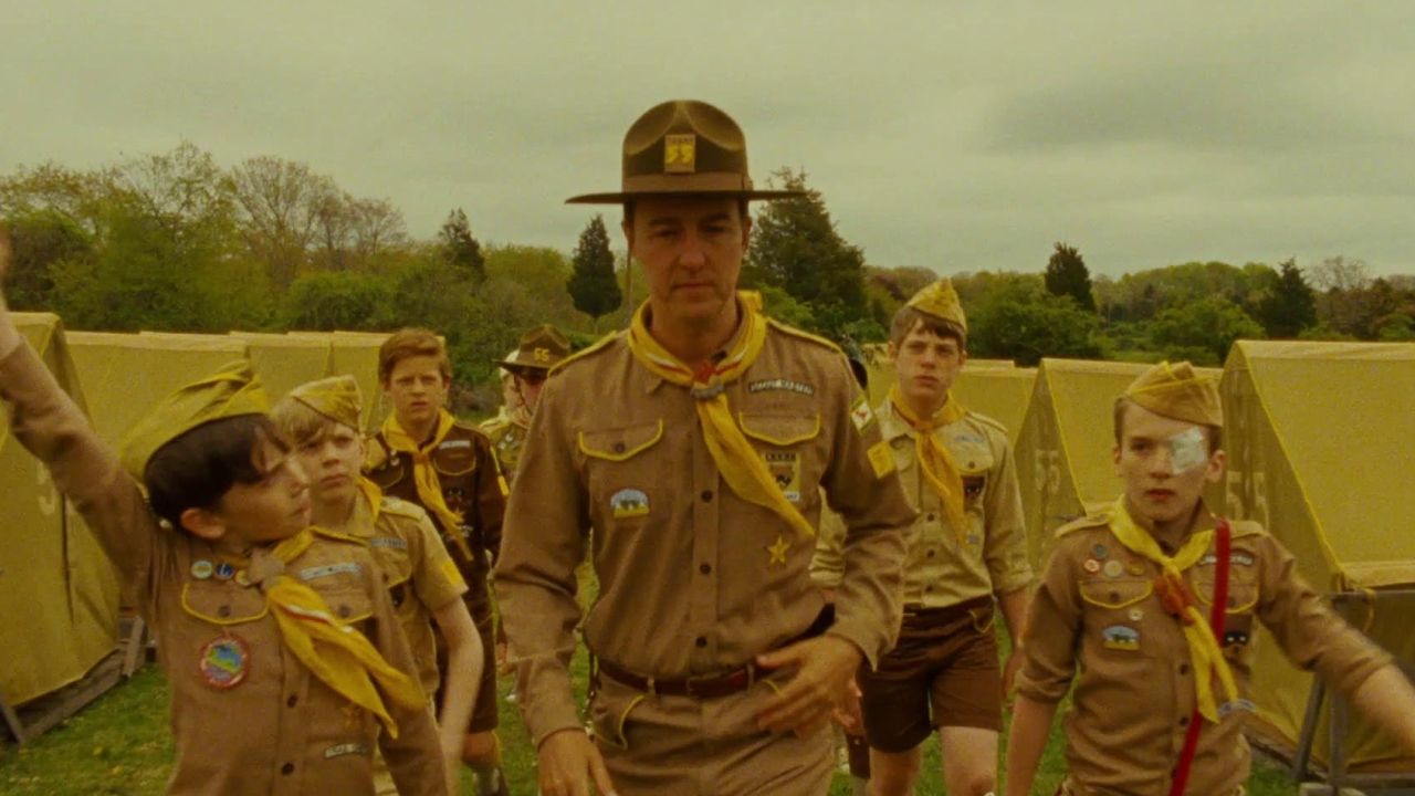 Edward Norton leads a group of other boy scouts in Moonrise Kingdom 