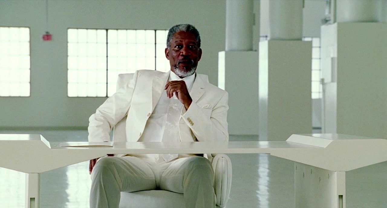 Morgan Freeman playing God in all-white in Bruce Almighty