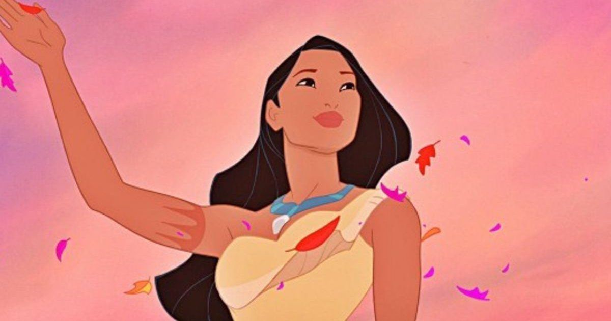 Pocahontas with a pink background and flowers
