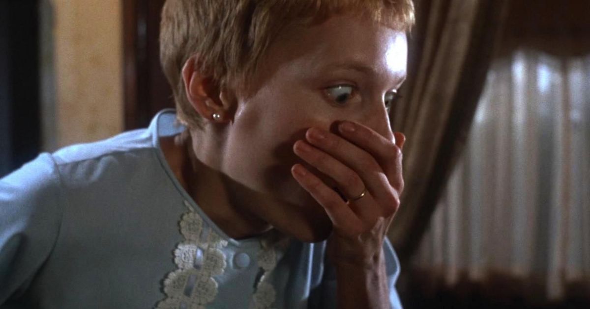 Mia Farrow gasps at the horror in Rosemary's Baby
