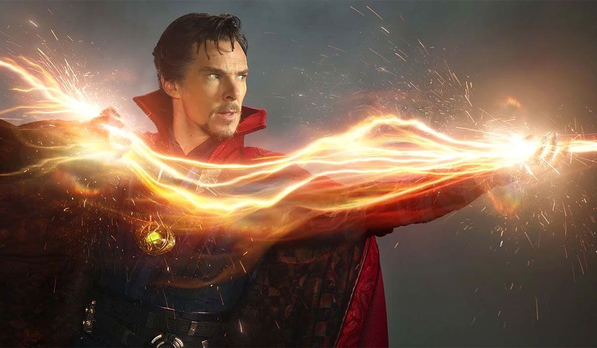 Benedict Cumberbatch as Doctor Strange with a large lightning like burst of magic.
