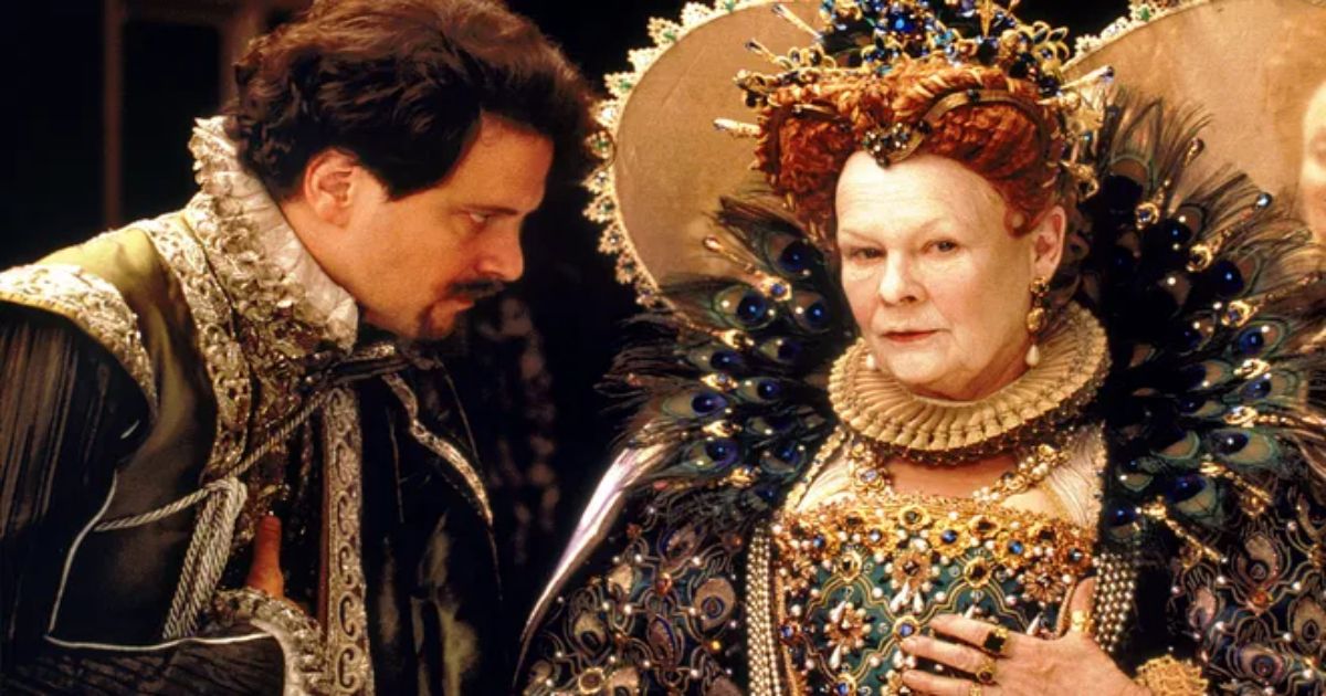 Firth whispers to Judi Dench in Shakespeare in Love