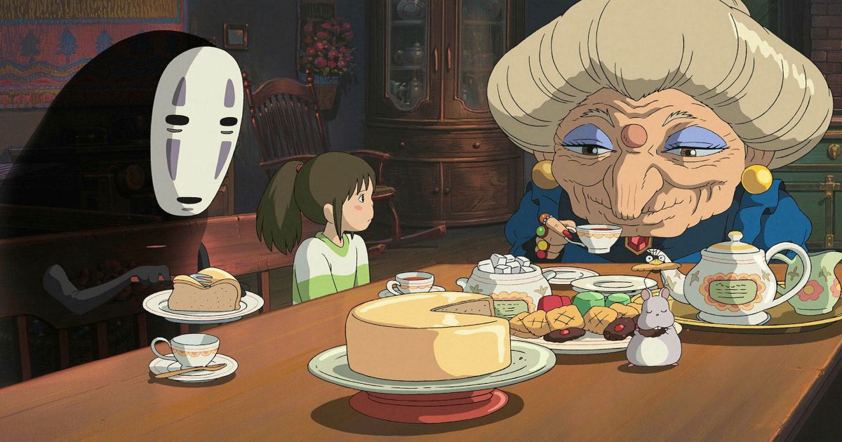 Chihiro at the dinner table with No Face and the old woman in Spirited Away