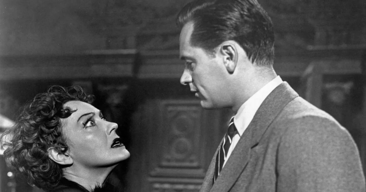 William Holden as Joe Gillis and Gloria Swanson as Norma Desmond, Gillis's lover.