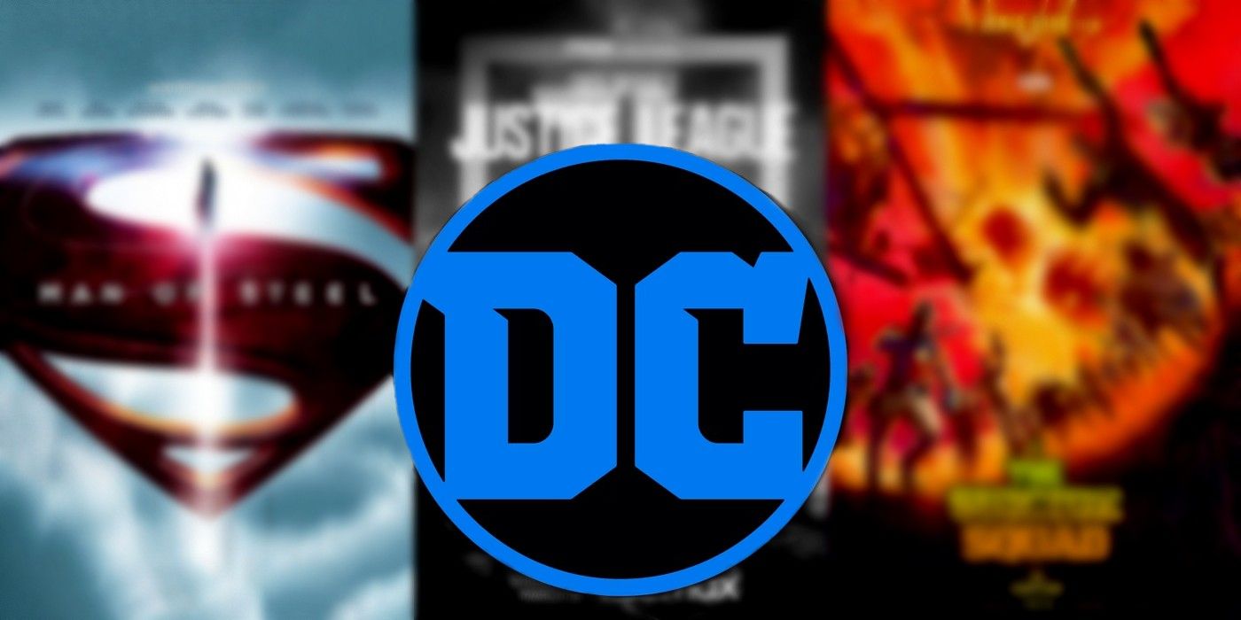 An original image of the DC logo over three movie titles-- Man of Steel, Justice League, and The Suicide Squad