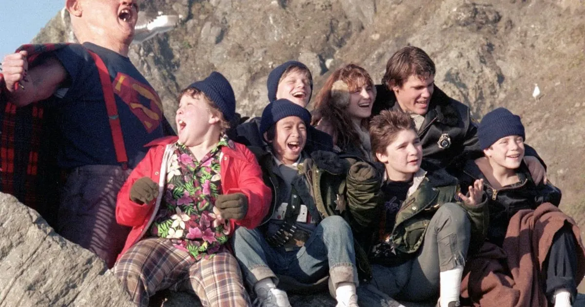 The child cast of The Goonies on a mountain