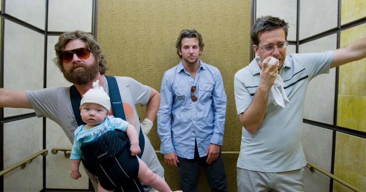 The Wolf Pack in the elevator in The Hangover