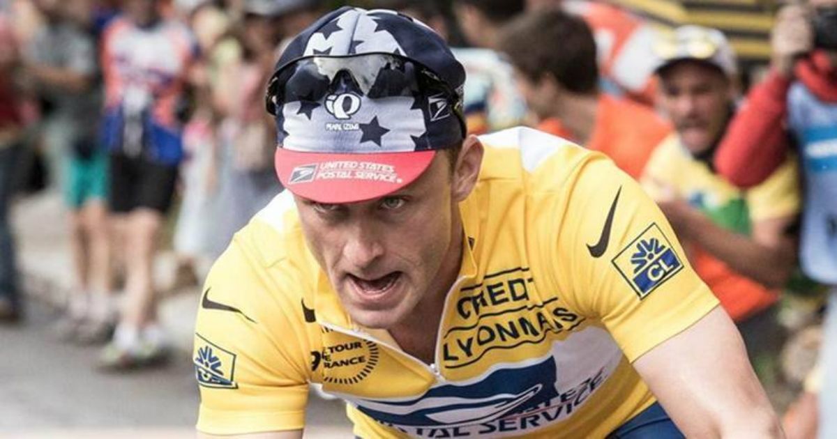 Foster on a bicycle as Lance Armstrong in The Program