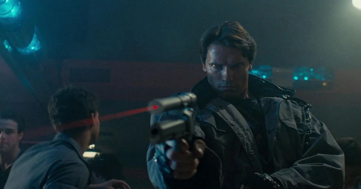 Schwarzenegger points a lasered gun in The Terminator
