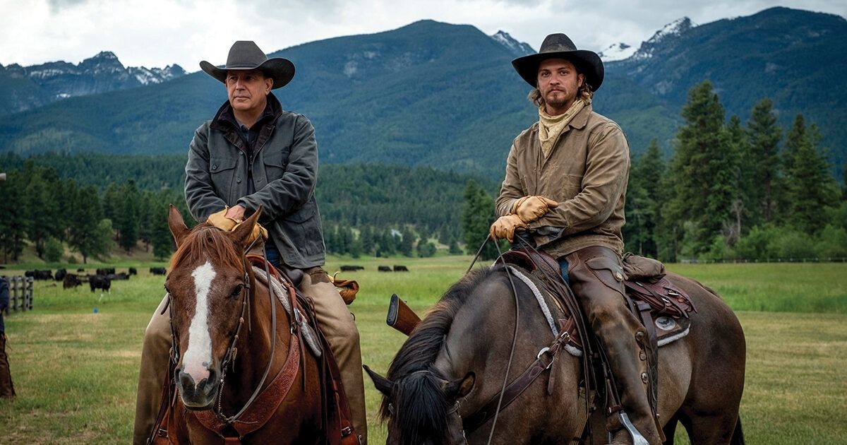 Yellowstone horses, ridden by Kayce and John Dutton with mountains in the background