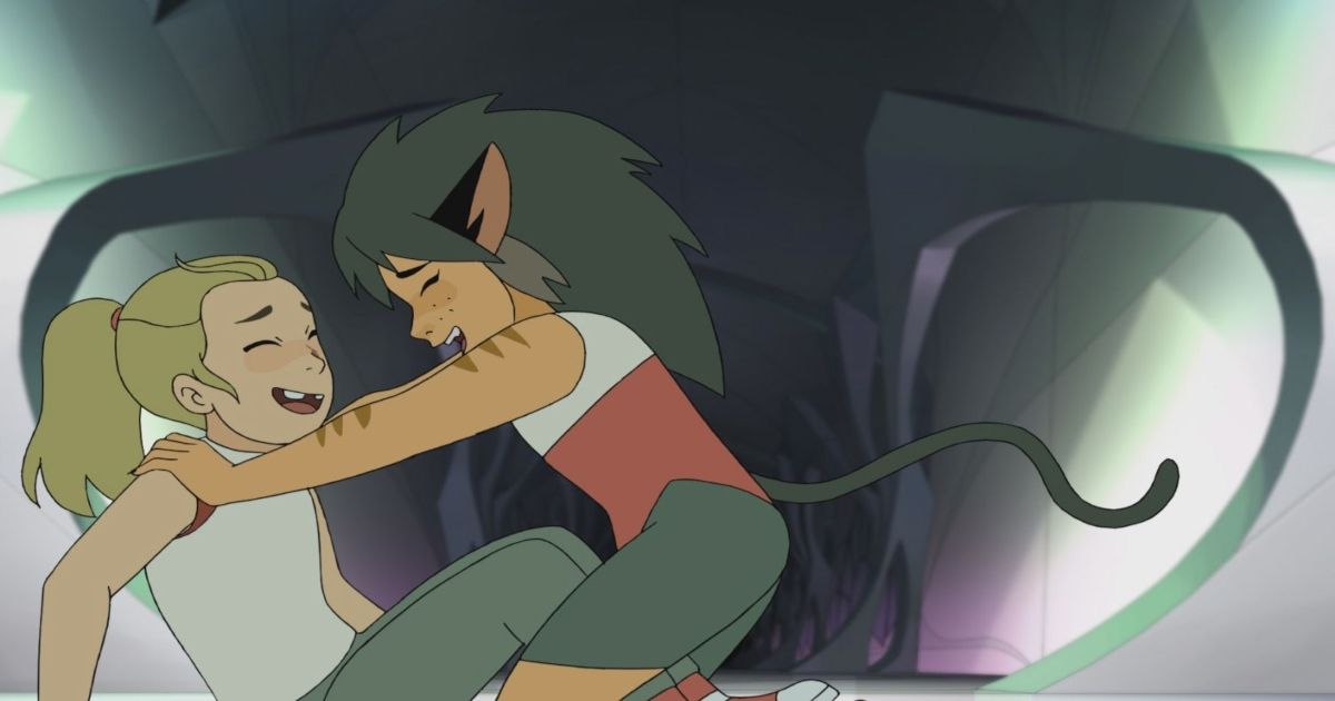 A flashback scene of a young Catra and Adora playing with each other in She-Ra and the Princesses of Power. 