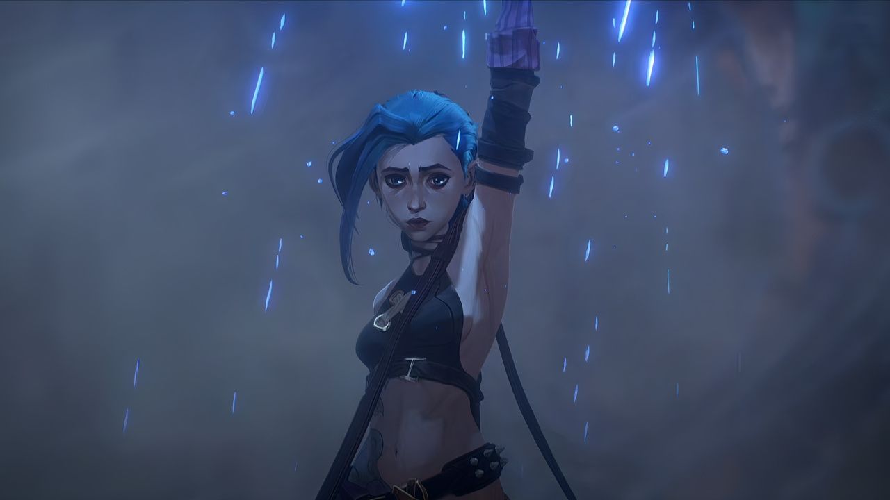 Jinx surrounded by smoke, holding one arm up as blue sparks fall around her.