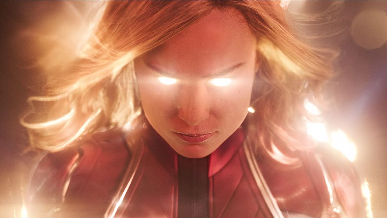 Brie Larson as Captain Marvel, with glowing eyes.