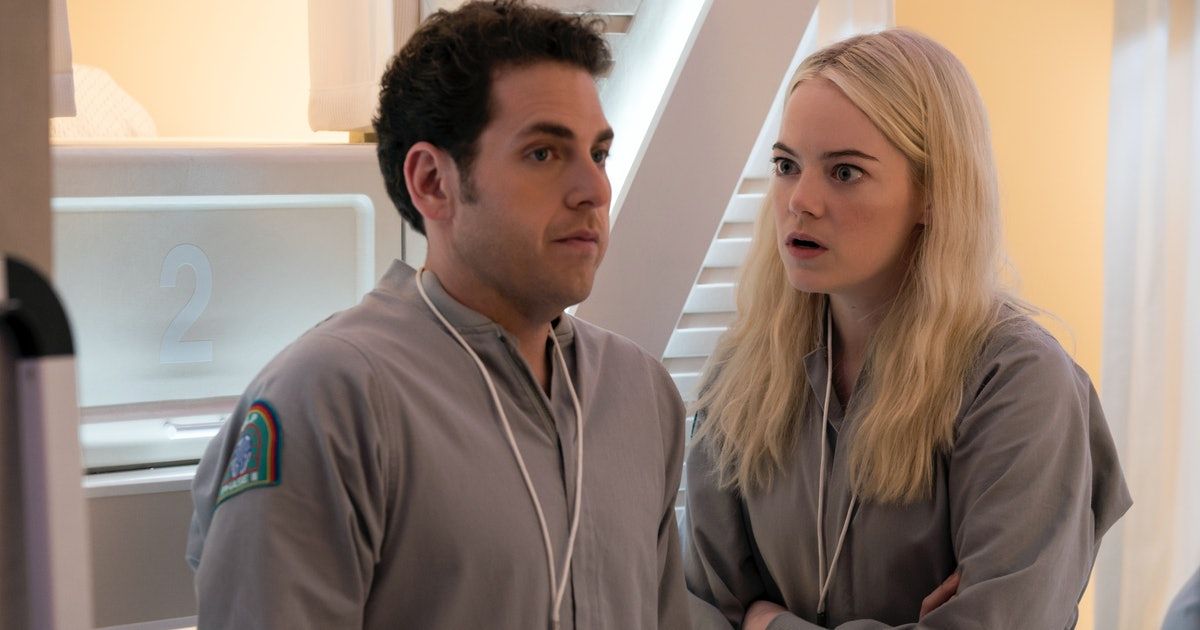 An image of Annie Landsberg (Emma Stone) looking angrily at Owen Milgrim (Jonah Hill) as he looks away into the distance. 