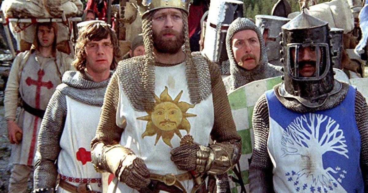 Monty Python cast dressed up as knights in The Holy Grail